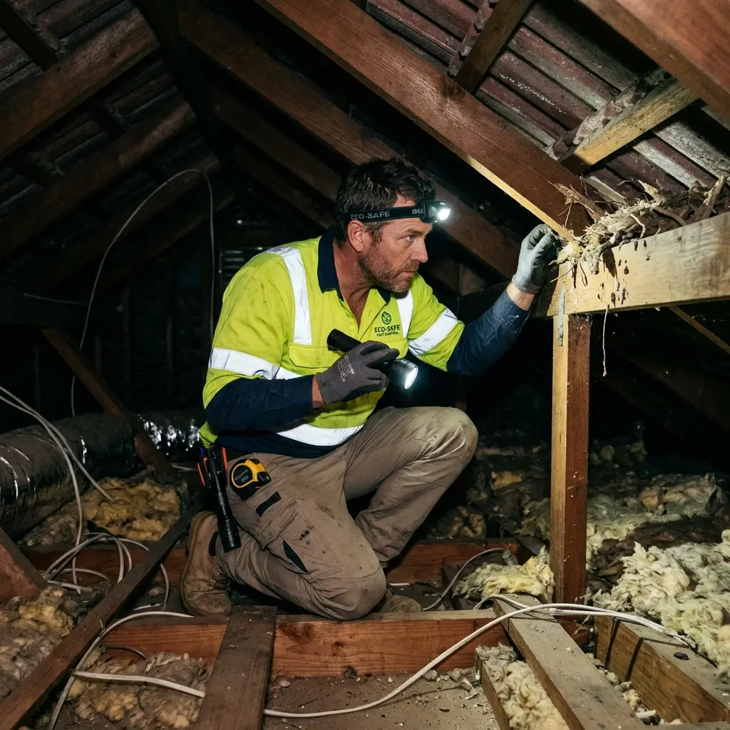 Technician inspecting a roof cavity for a dead animal in Cardinia